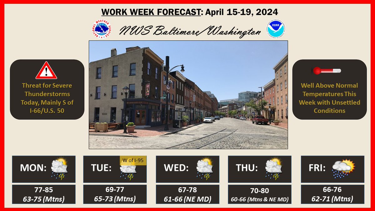 ⚠️A slow moving cold front will drift southward through the area today. There is a risk for strong to severe thunderstorms, especially from I-66/U.S. 50 and points southward⛈️Large hail & damaging winds are possible in such storms. Today's highs will be in the upper 70s/low 80s.