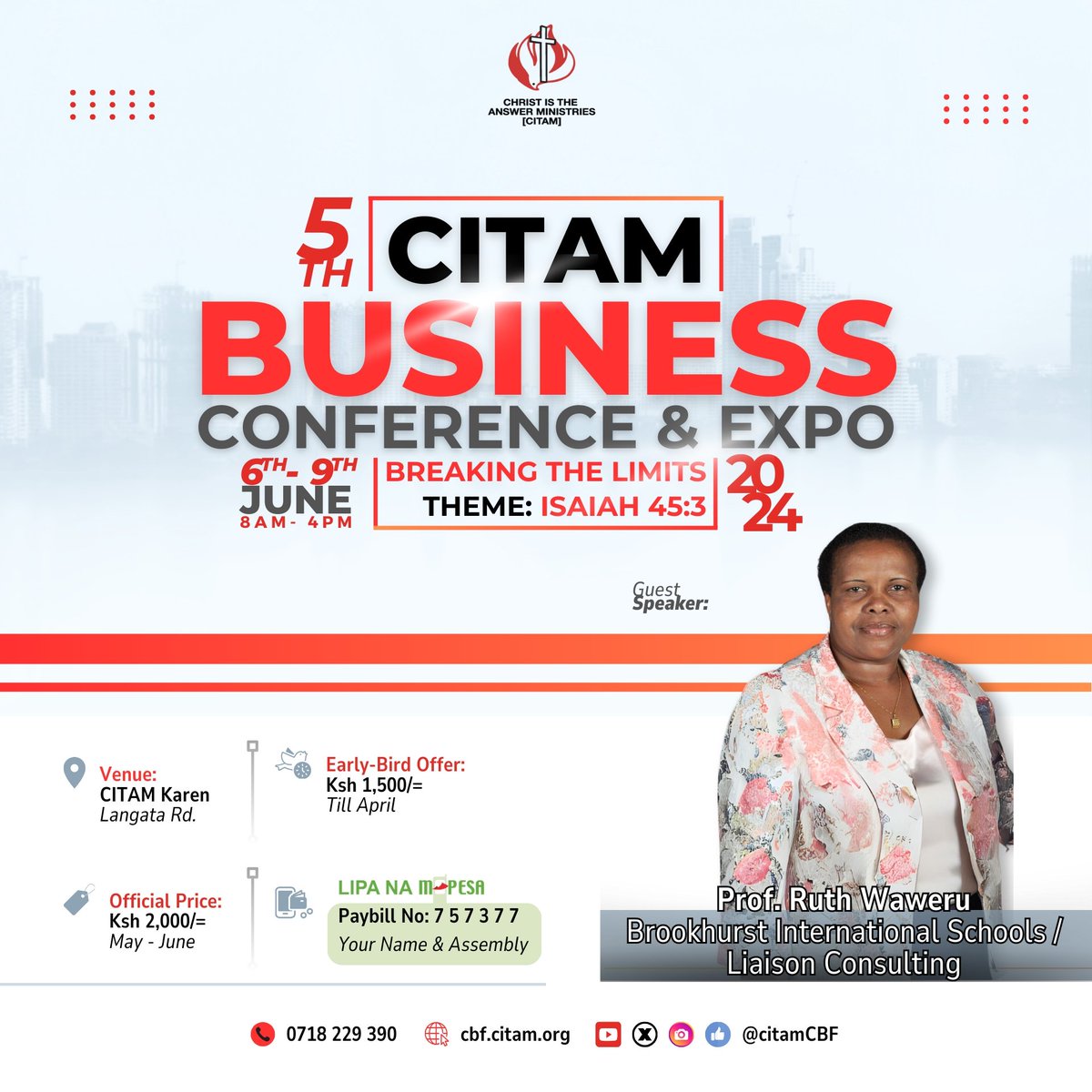 CitamCBF's tweet photo. Join us for an inspiring session with Prof. Ruth Waweru! From her academic accolades to her impactful ventures across Africa, she's a powerhouse in entrepreneurship and corporate leadership. 💼 Don't miss out—register now for invaluable insights! #Citam #CBF2024 #BuinessExpo https://t.co/JLHmOAS6Od