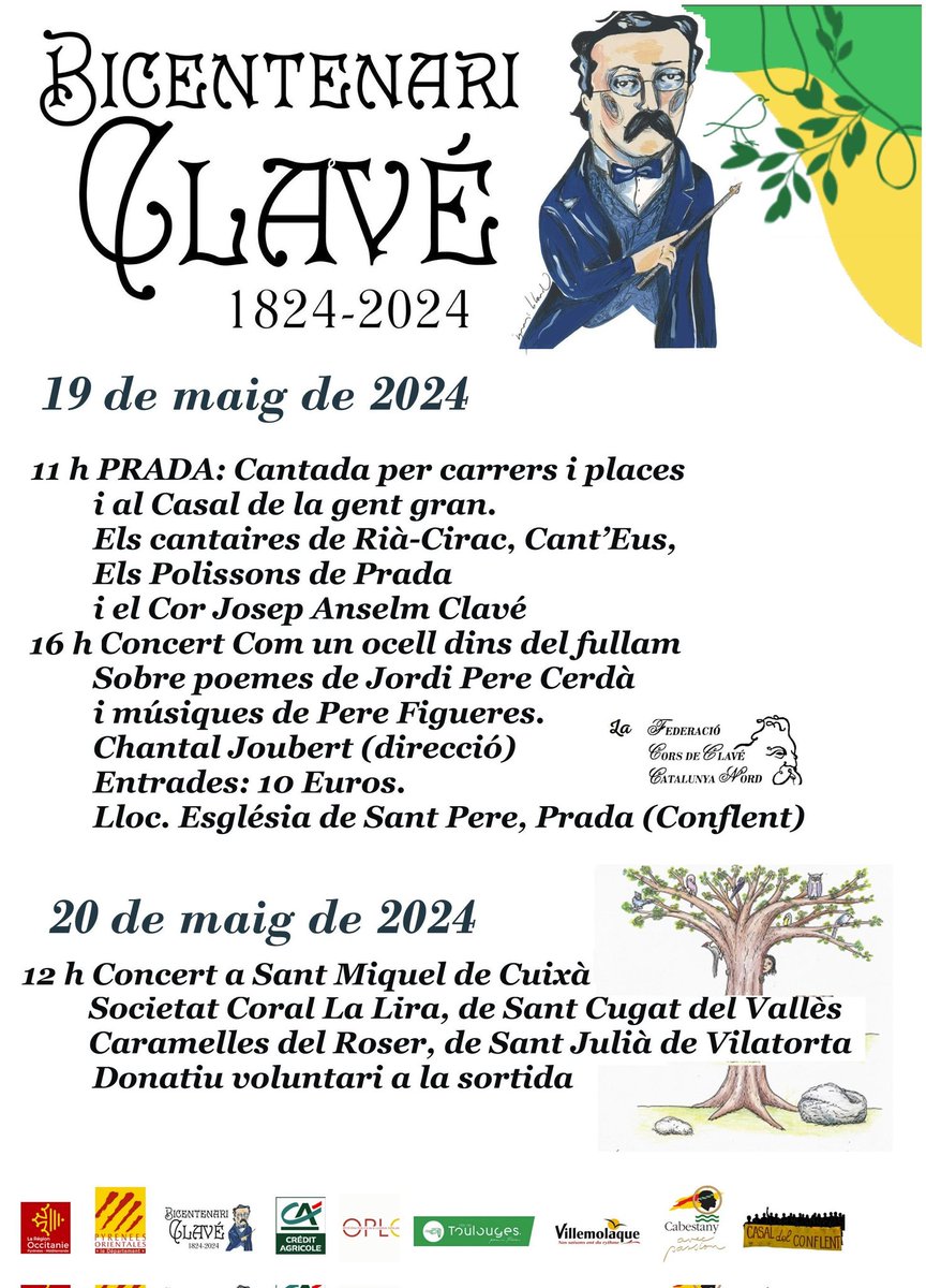 CasalConflent's tweet photo. No us ho perdeu!
Els dies 19 i 20 de Maig hi ha activitats del Bicentenari d'Anselm Clavé: #Música #Cors, #Concerts #Poemes #Art #SomTerritori #CatalunyaNord #SomEssencials
Ens veiem allà!
@LluisPuigGordi @DidierPayre @EnricBalaguer_ @eduardcirera @coralregi #corrandes https://t.co/6zEnJjhYtT