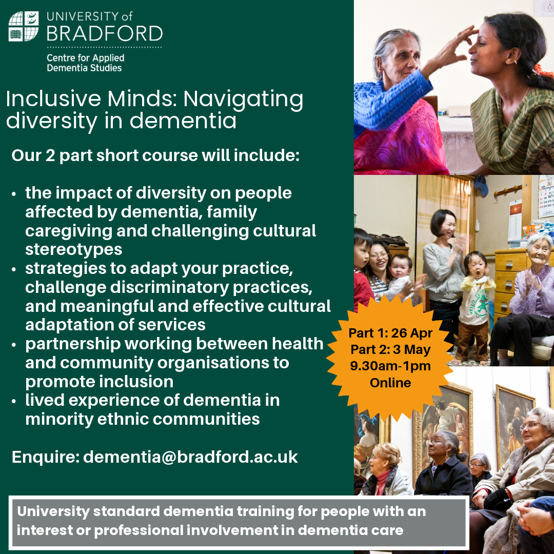 Last call for your place on our #dementia short training course - Inclusive Minds: Navigating diversity in dementia. Dr Sahdia Parveen will talk about how to support people living with dementia from minority ethnic communities. Book via our website - …talogue.eu-west.catalog.canvaslms.com