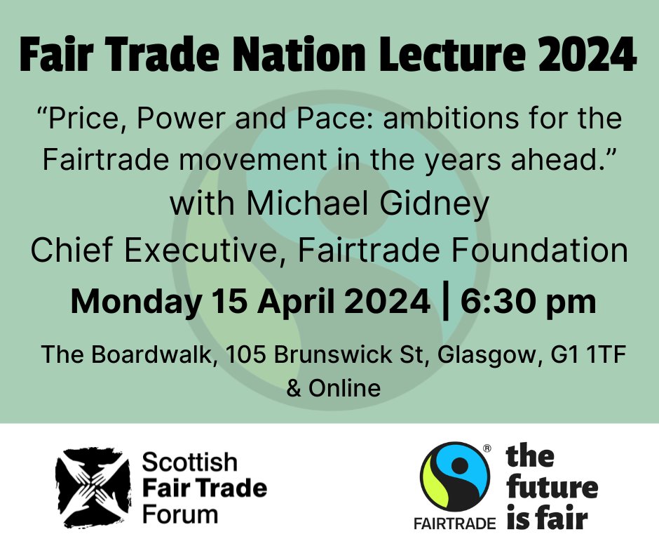 We're very much looking forward to our annual Fair Trade Nation Lecture, to be given this evening by Michael Gidney of the @FairtradeFoundation. #fairtrade #thefutureisfair