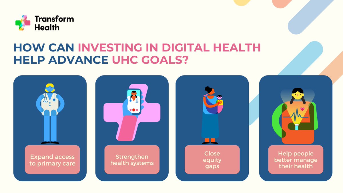 #Digitalhealth offers an opportunity to help achieve #UHC goals! 💪 Improved #digitalhealthinvestment can: ✅ Expand access to primary care ✅ Strengthen health systems ✅ Help people better manage their health, and ✅ Close equity gaps. Learn more: buff.ly/3vUsJiJ