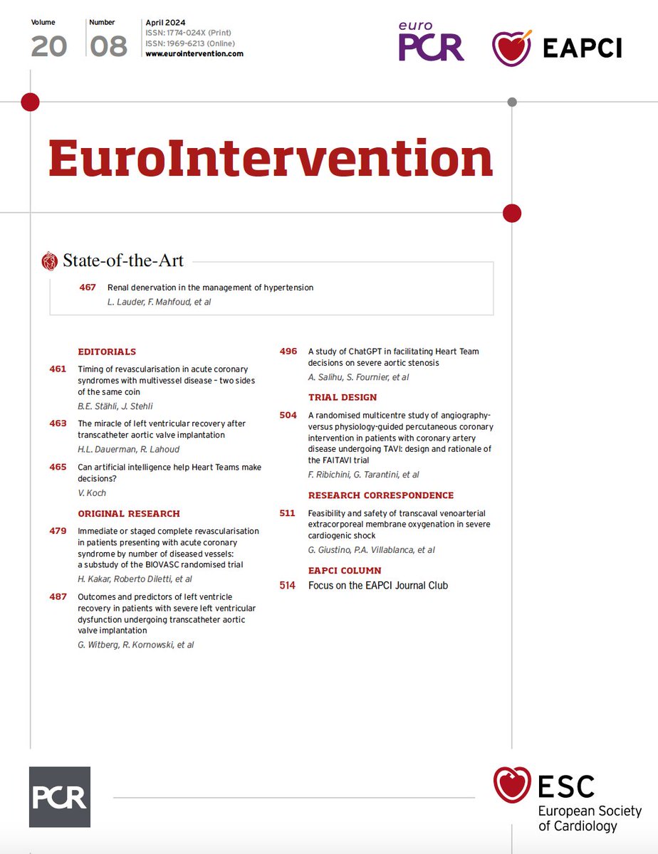 NEW Issue OUT

📌  State of the Art: Renal Denervation in Hypertension Management
📌 Complete Revascularisation in Acute Coronary Syndrome
📌 Left Ventricular Recovery Post-TAVI
📌 AI and Heart Team Decision-Making
📌 FAITAVI Trial
📌 Safety of Transcaval Venoarterial ECMO
and