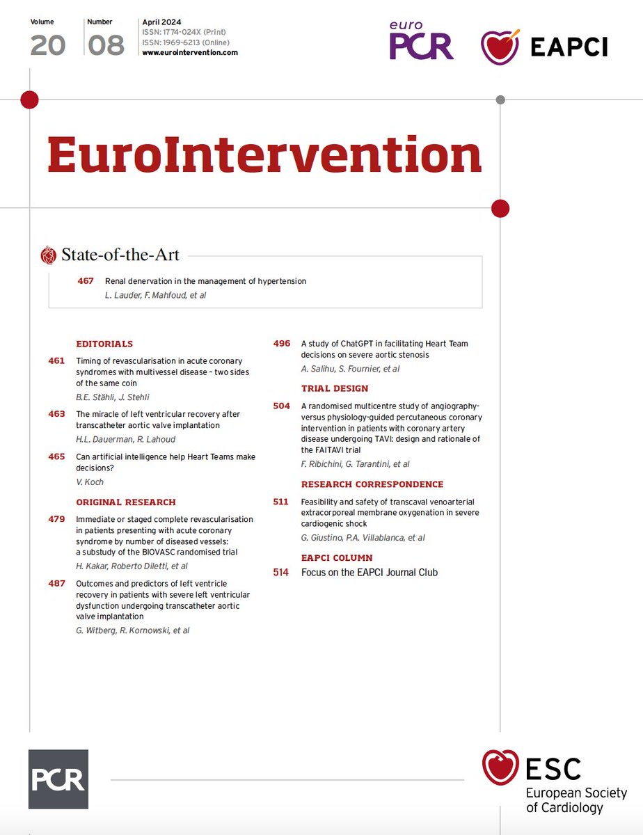 NEW Issue OUT 📌 State of the Art: Renal Denervation in Hypertension Management 📌 Complete Revascularisation in Acute Coronary Syndrome 📌 Left Ventricular Recovery Post-TAVI 📌 AI and Heart Team Decision-Making 📌 FAITAVI Trial 📌 Safety of Transcaval Venoarterial ECMO and…