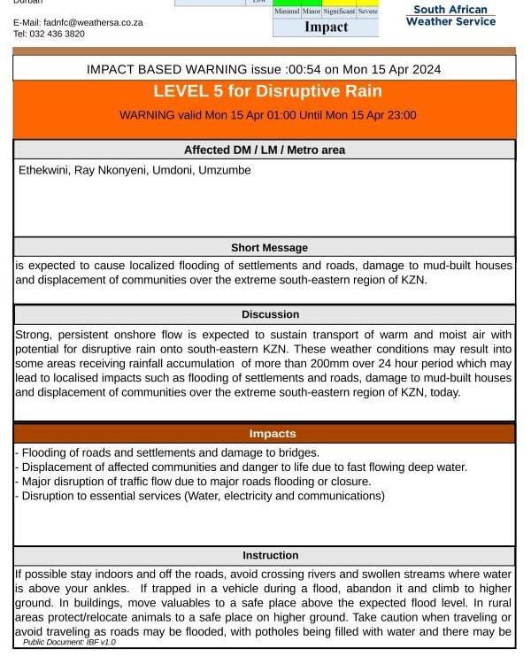 kzngov's tweet photo. The KwaZulu-Natal Department of Cooperative Governance and Traditional Affairs is warning the public of level 5 disruptive rains expected in eThekwini Metro, down to the south coast on Monday which could result in localised flooding. 

According to the warning from the South African Weather Services (SAWS) the heavy downpours may result into some areas receiving rainfall accumulation of more than 200mm over a 24 hour period which may lead to localised impact such as flooding of settlements and roads, damage to houses displacement of communities over the extreme south-eastern of the province on Monday. 

Areas that are likely to be affected includes eThekwini Metro, Umdoni, Umzumbe and Ray Nkonyeni Local Municipalities.