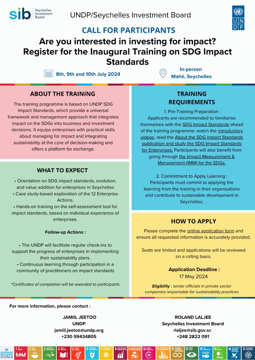 📢 Are you interested in investing for impact? Apply to participate in the SDG mpact Standards Training! The aim is to equip enterprises with practical skills about managing for impact & integrate sustainability at the core of decision-making. Apply👇 docs.google.com/forms/d/e/1FAI…