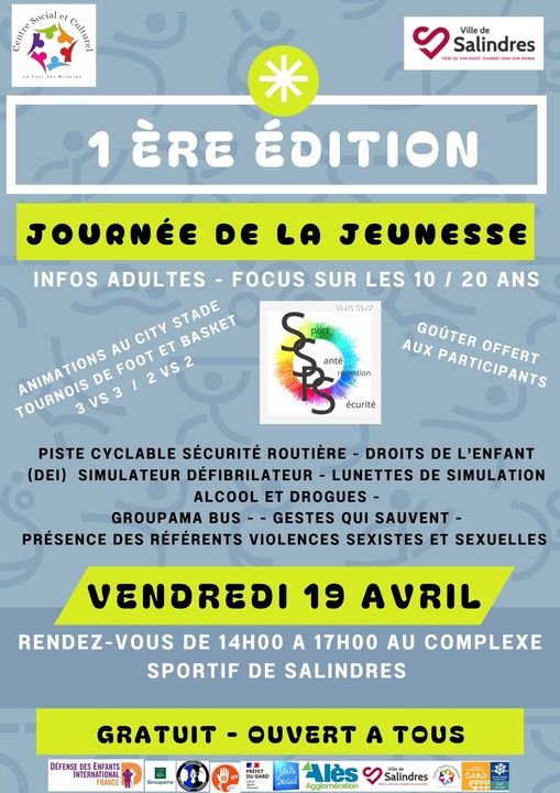 com_30340's tweet photo. L'Espace Jeunes du Centre Social et Culturel  organise sa 1ère édition : "Journée de la jeunesse"
Le vendredi 19 avril de 14 h à 17 h au Complexe Sportif Yves Comte à Salindres.
De nombreuses animations prévues sur les thèmes : Sport, Santé, Prévention et Sécurité. https://t.co/Jg6Yj7HXf5