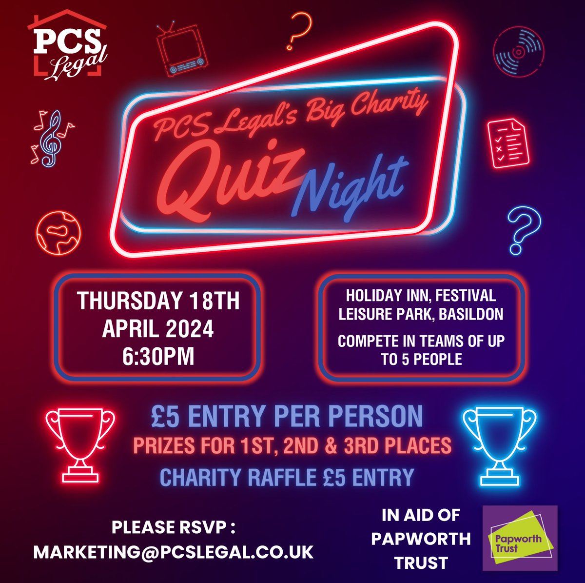 Our Big Charity Quiz Night is this Thursday! It'll be a great night in aid of @Papworth_Trust, with prizes for the winners and a raffle! 🎉🎁 If you're planning on coming, email marketing@pcslegal.co.uk 📨