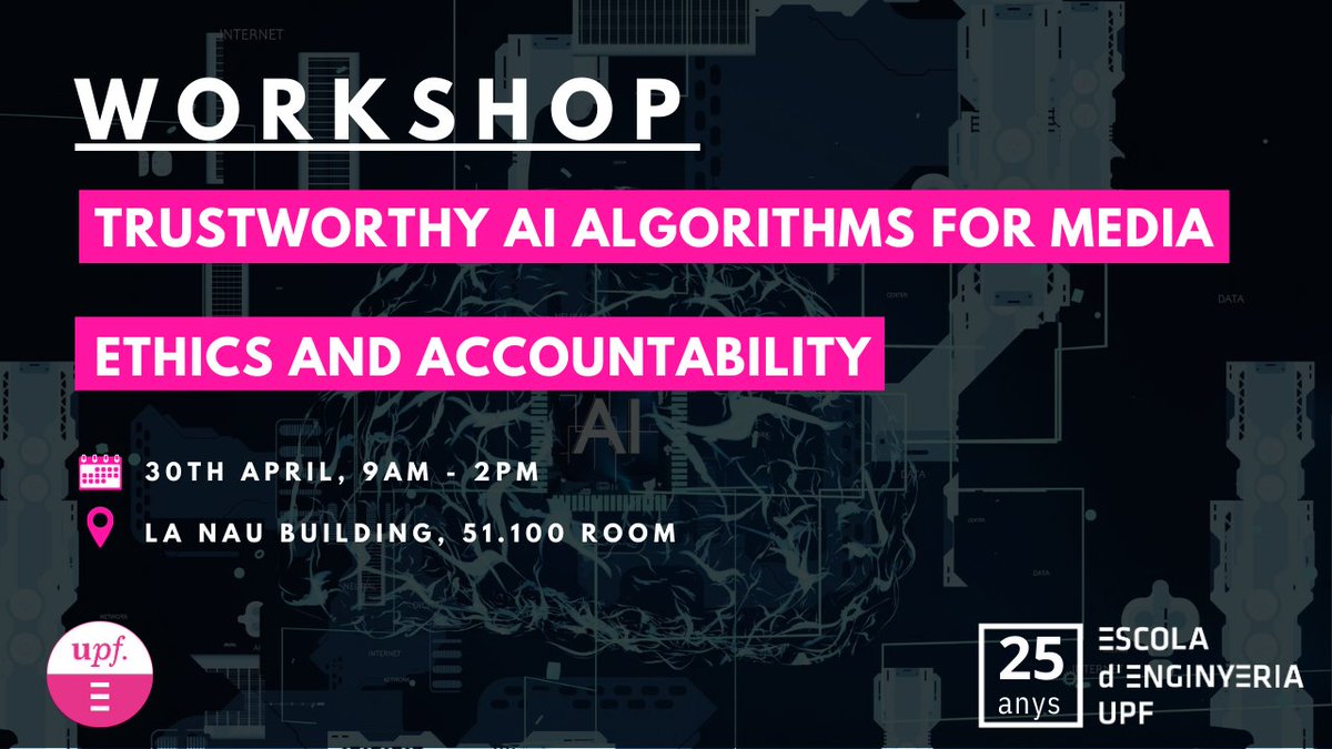 🟣Workshop - Trustworthy AI Algorithms for Media Ethics and Accountability ❓Can the AI be generative but aligned with some particular moral values? 🗓️30th April, 9AM - 2PM 📌La Nau, 51.100 ℹ️tuit.cat/1K3ko
