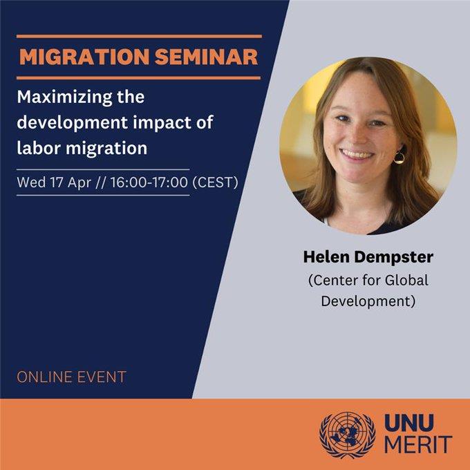 Join this week's migration seminar, where @helen_dempster from @CGDev will describe how the development impact of labour migration from Global South to Global North countries can be maximised. 📅 Wed 17 Apr, 16:00-17:00 CEST 📍 Online 🔗 Learn more: cutt.ly/nw3hireS