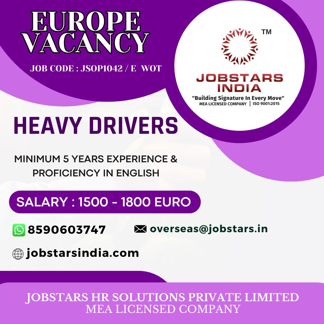 #overseasjobs #overseas #abroad #abroadjobs #jobs #jobstars #jobstarsindia #jobstarshrsolutionspvtltd #europe #europeanvacancies #europeanjobs #europeworkpermit #Scandinavian #scandinaviancounteries 
APPLY NOW VIA WHATS APP +918590603747 OR MAIL CV TO OVERSEAS@JOBSTARS.IN