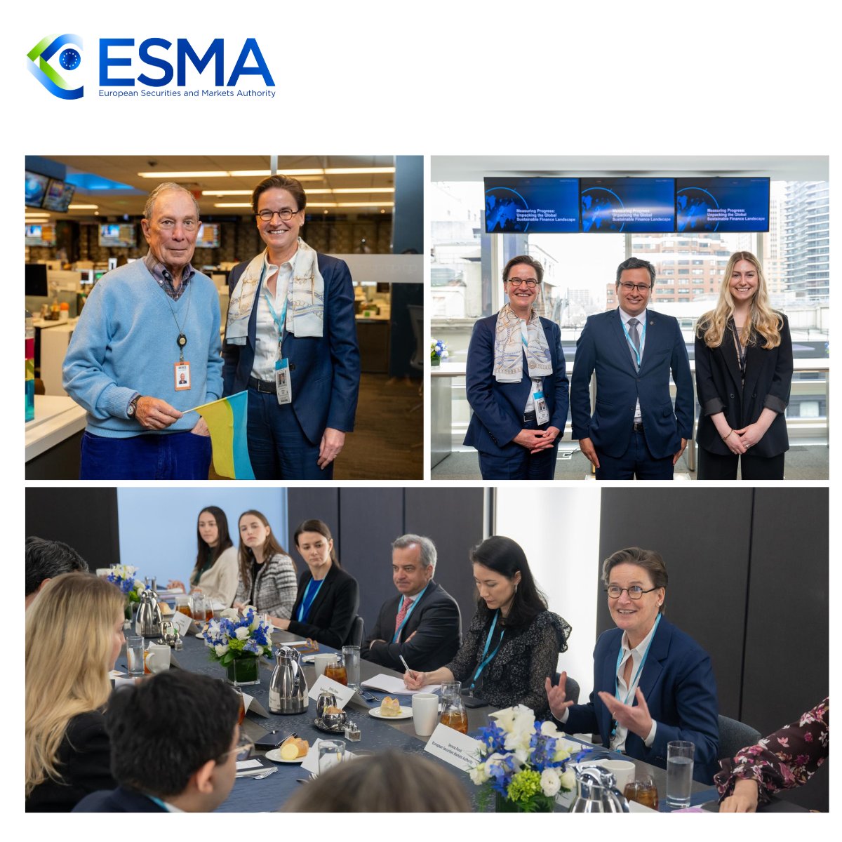 #ESMA Chair's visit | NYC 🇺🇸

#VerenaRoss had several bilateral meetings and events such as the <a href="/Bloomberg/">Bloomberg</a> and the <a href="/ICI/">ICI</a> Roundtables.

🤝 The dialogue with <a href="/MikeBloomberg/">Mike Bloomberg</a> revolved around his sustainability engagements. Ross explained ESMA’s contribution to #SustainableFinanceEU.