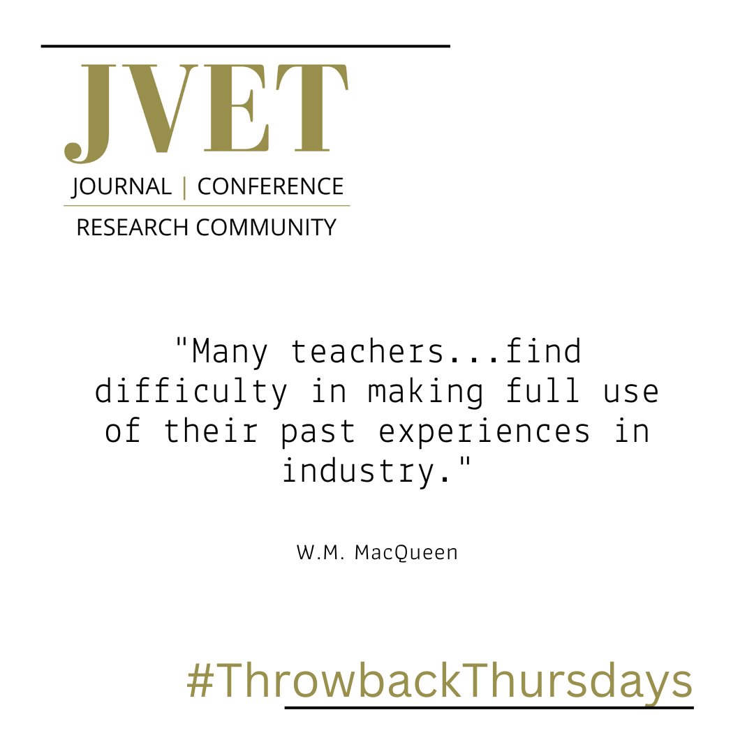 Each Thursday we will be digging into the JVET archive and share a journal, conference, or research highlight from the past 75 years.

This week we share ‘Introspection and the teaching of craft skill’ by W.M. MacQueen. Vol 4.

tandfonline.com/doi/abs/10.108…

#ThrowbackThursdays