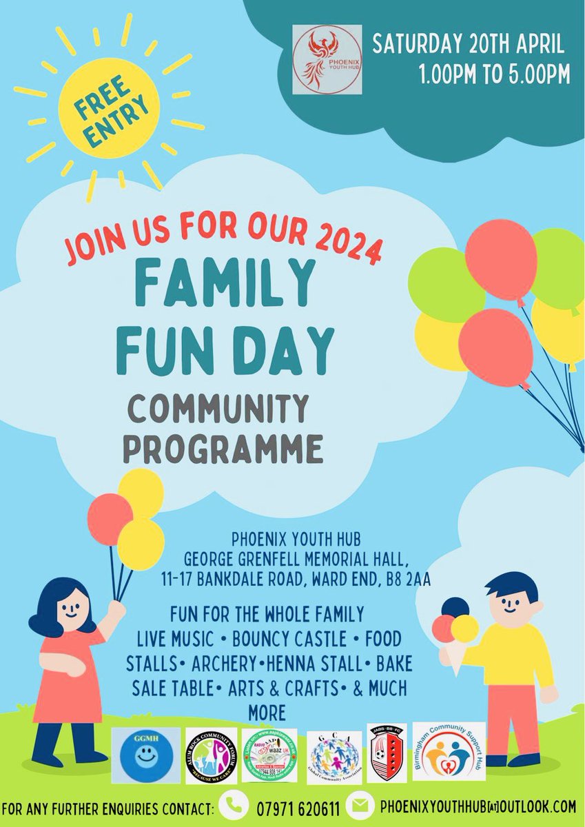 All welcome at our Community Family Fun day #funday  <a href="/Atief_Ishaq_PDB/">Atief Ishaq</a> @HodgeHillResid1 <a href="/HarrySmithPE/">Harry</a> <a href="/NadiaLeonaYunis/">Nadia Leona Yunis LLM</a> <a href="/MirBukhtawar/">Bukhtawar Mir</a> @nearneighbours1 <a href="/PaulCadmanUK/">Paul Cadman 🇬🇧</a> <a href="/Zah33rAkbar/">Zaheer Akbar</a> <a href="/CanalRiverTrust/">Canal & River Trust</a> @TAWSociety <a href="/WestMidsVRP/">West Midlands Violence Reduction Partnership</a> <a href="/BVSC/">Birmingham Voluntary Service Council</a> <a href="/WestMids_CA/">West Midlands Combined Authority</a> <a href="/WestMids_CA/">West Midlands Combined Authority</a> <a href="/BCCYouthService/">BYS Youth Service</a> <a href="/AlumRockCF/">ARCF</a>