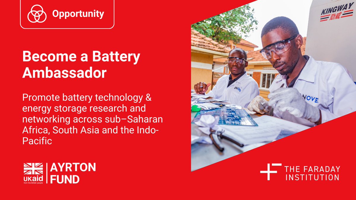 📢Become a Battery Ambassador as part of the Ayrton Challenge on Energy Storage, in partnership with the @TEAEnergyAccess Learning Partnership Please share with mid to senior academics working in Sub-Saharan Africa, South Asia or the Indo-Pacific 🌐➡️lnkd.in/eKq8Kkdm