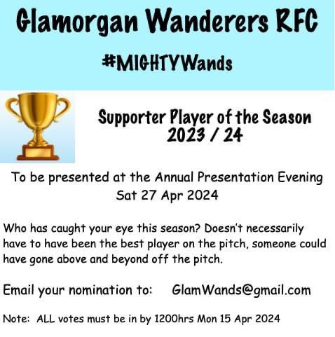 Nearly time for the Poll to close - get your votes in for your @GlamWandsRFC Supporter Player of the Season 🏆