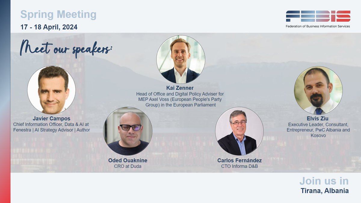 🕒The countdown beginins! Just a few hours left until our #FEBIS Spring Meeting kicks off with these exceptional speakers. 🌟

#artificialintelligence #businessinformation #data #b2b #StrongerTogether