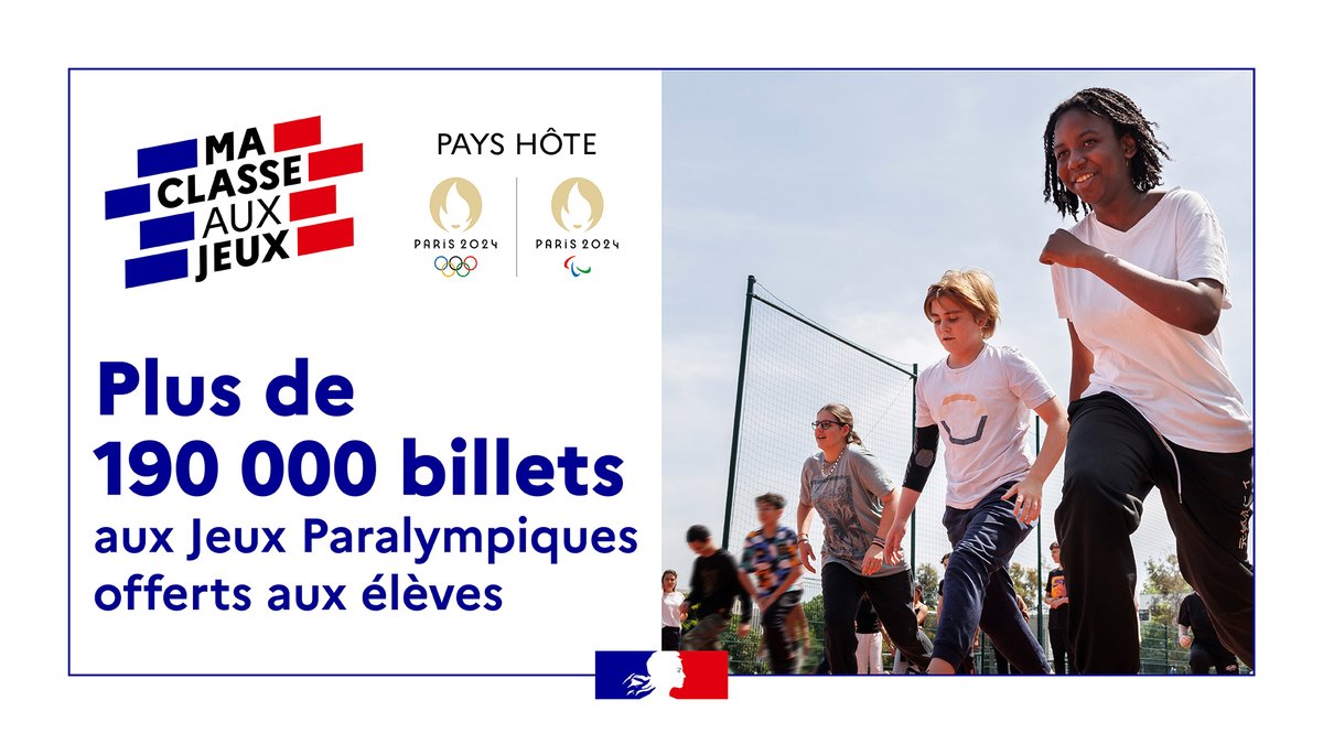 Plus de 190 000 billets pour assister aux épreuves des jeux de @Paris2024 sont offerts aux élèves du CM1 à la terminale, grâce au programme de billetterie populaire #MaClasseAuxJeux ! On vous en dit plus sur 👉 education.gouv.fr/2023-2024-une-…