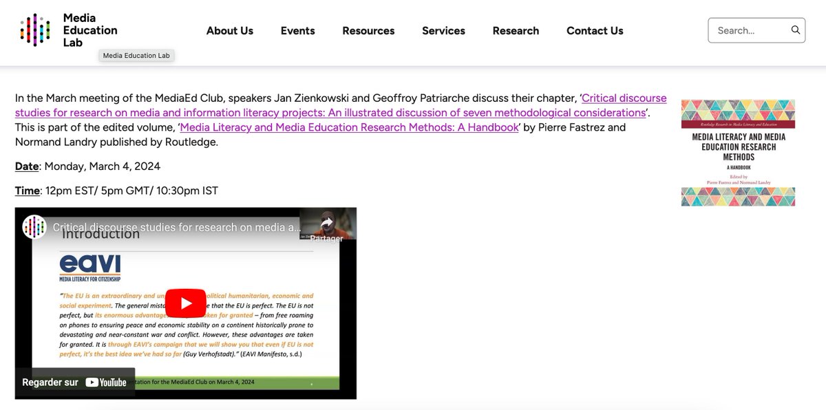 'Critical discourse studies for research on media and information literacy': the recording of the @MedEduLab webinar that was held on March 4, with @Jan_Zienkowski and I presenting, is online at s.42l.fr/brjqrl4i. Thx @MedEduLab for having hosted this event! @engage_uslb