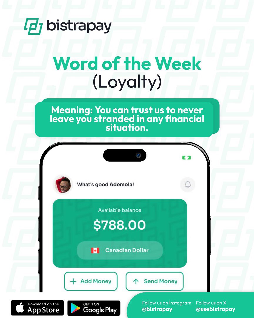 usebistrapay's tweet photo. We understand what loyalty entails and our customers satisfaction is our priority. Be rest assured knowing that we’re here to make your financial journey better now and always.
.
.
.
#WordOfTheWeek #Loyalty #TrustworthyPartner #FinancialSupport #ReliableFriend #Stability https://t.co/r3iYfOTD73