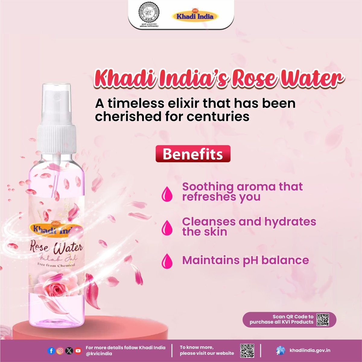 Sourced from the finest roses, this all-natural floral water is a versatile beauty and wellness essential that offers a myriad of benefits for your skin, hair, and overall well-being. Visit your nearest #Khadi store or purchase all #KVIProducts online at khadiindia.gov.in