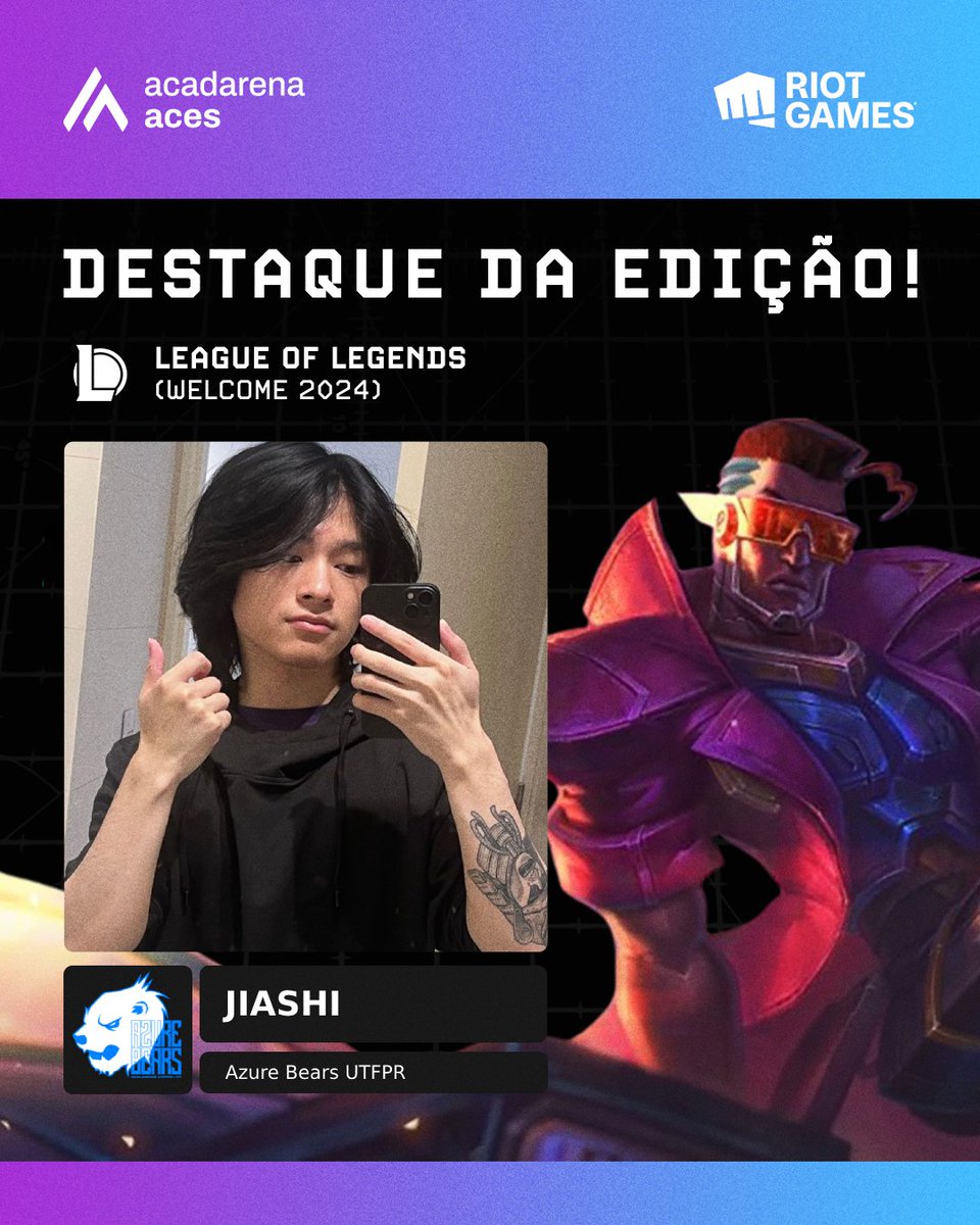 AcadArenaBR's tweet photo. 🔫 Skills de Lucian: 10/10
🤳 Foto no espelho: 10/10
Recebam o MVP do Welcome ACES 2024!
#AcadArena #ACES @azure_bears https://t.co/6A8CMlZwNx