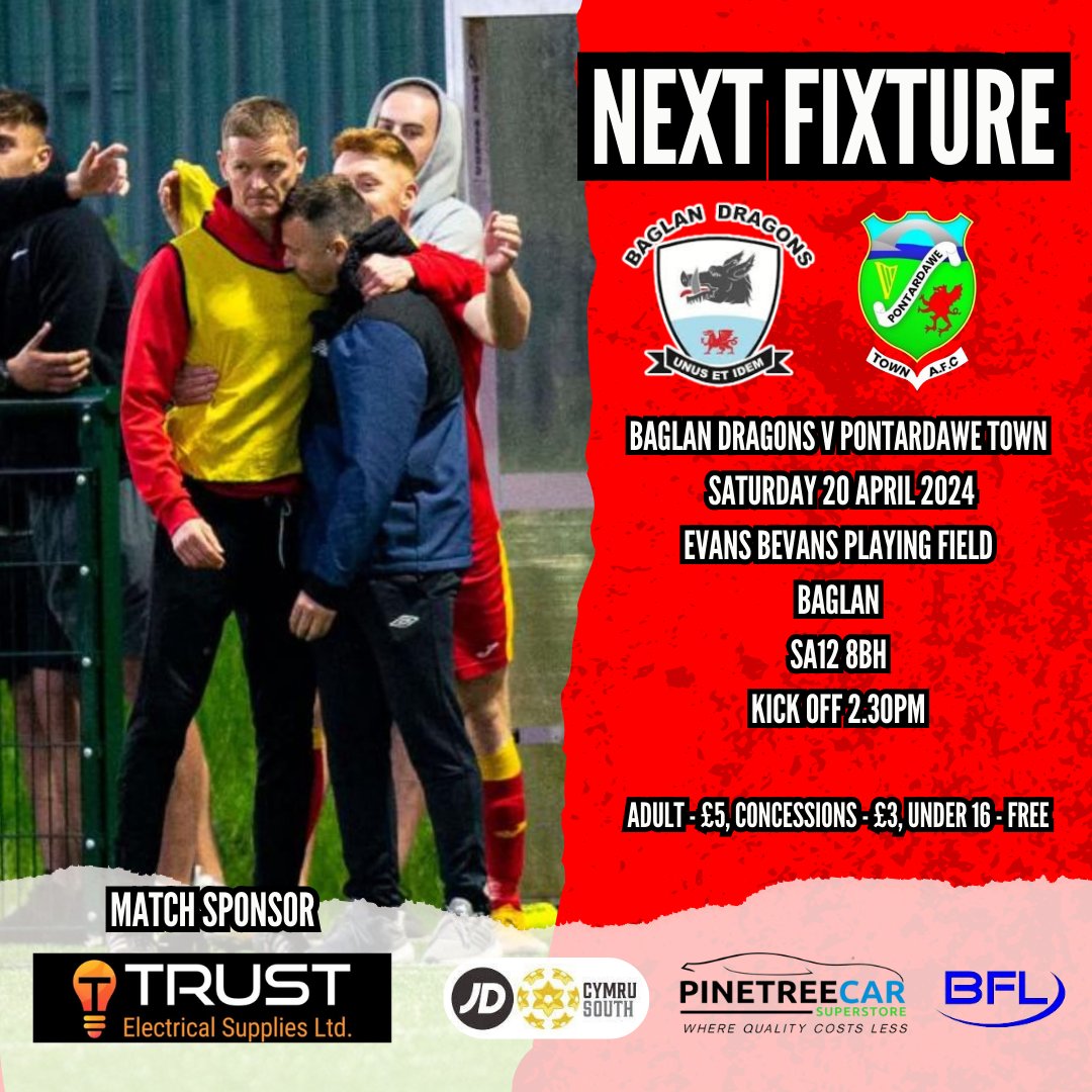 Baglan Dragons (@baglandragons) on Twitter photo Our first team will host <a href="/PontardaweTown/">Pontardawe Town FC</a> on Saturday in our final home game of the season.
Kick off at the Evans Bevans will be at 2.30pm
After the match, we will have live music from Kelly-Jo from 6pm and Sean Hannaford from 8pm
Match sponsor - Trust Electrical Supplies LTD Our first team will host <a href="/PontardaweTown/">Pontardawe Town FC</a> on Saturday in our final home game of the season.
Kick off at the Evans Bevans will be at 2.30pm
After the match, we will have live music from Kelly-Jo from 6pm and Sean Hannaford from 8pm
Match sponsor - Trust Electrical Supplies LTD