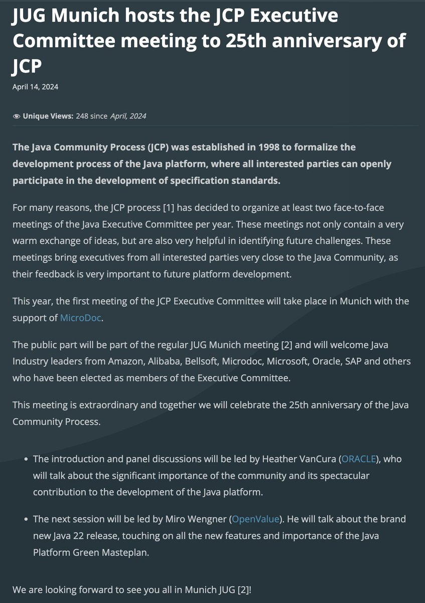 On Foojay, @miragemiko announces that #Java User Group Munich will be hosting the Java Community Process (JCP) Executive Committee meeting for the 25th anniversary of the JCP! foojay.io/today/jug-muni… #foojaytip