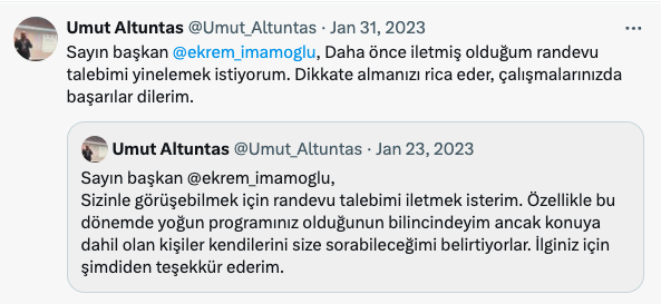 @istanbulbld başkanı sayın @ekrem_imamoglu,
Daha önce sizden iki defa randevu talep ettim ancak cevap alamadım. Konuyla ilgili açık mektubumu paylaşarak talebimi yineliyorum. Saygılarımla @herkesicinCHP @eczozgurozel @gokanzeybekCHP #tamyolileri #herşeyçokgüzelolacak