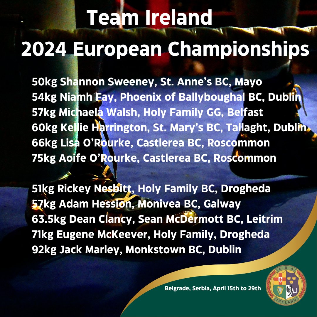 An 11-strong Ireland team will contest the 2024 European Championships in Belgrade, Serbia. The team includes Paris-qualified boxers, reigning champ Kellie Harrington, double Olympians Michaela Walsh and Aoife O’Rourke; Dean Clancy and Jack Marley iaba.ie/ireland-team-t…
