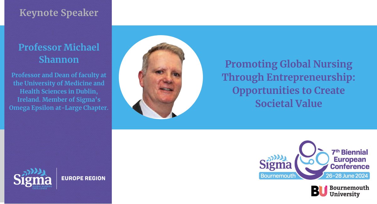 Today we highlight the 6 keynote speakers for #SigmaERC2024. At 14:00 on Day 1 @MichaelMShannon will speak to 'Promoting global nursing through entrepreneurship'. Professor Michael Shannon is an international nurse leader. @SigmaNursing @RegionSigma virtual.oxfordabstracts.com/#/event/4533/