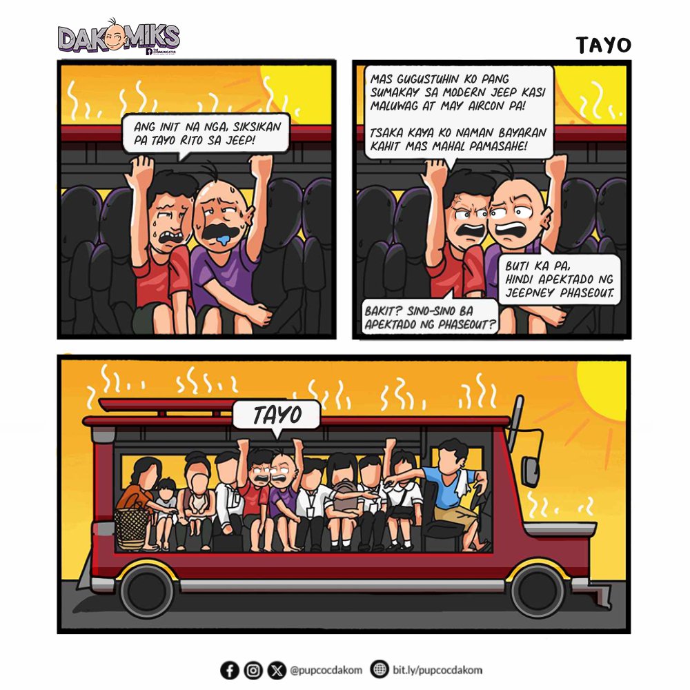 pupcocdakom's tweet photo. 𝗗𝗔𝗞𝗢𝗠𝗜𝗞𝗦 #𝟰𝟵 | Tayo

Sa nalalapit na deadline ng pagkokonsalida ng mga tradisyunal na jeepney sa ilalim ng PUV Modernization Program, sino-sino nga ba ang maaapektuhan kapag nawala na ang mga ito?

Illustrator: @alyzza_dakom https://t.co/Pb2TBx1kvm