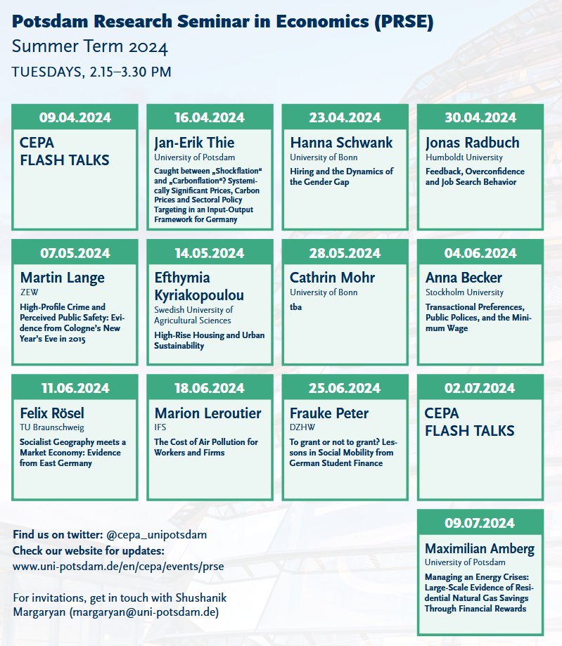 The new summer semester has started, and we have a great lineup of speakers presenting their research at the Potsdam Research Seminar in Economics. Check out all the details here: uni-potsdam.de/en/cepa/events…