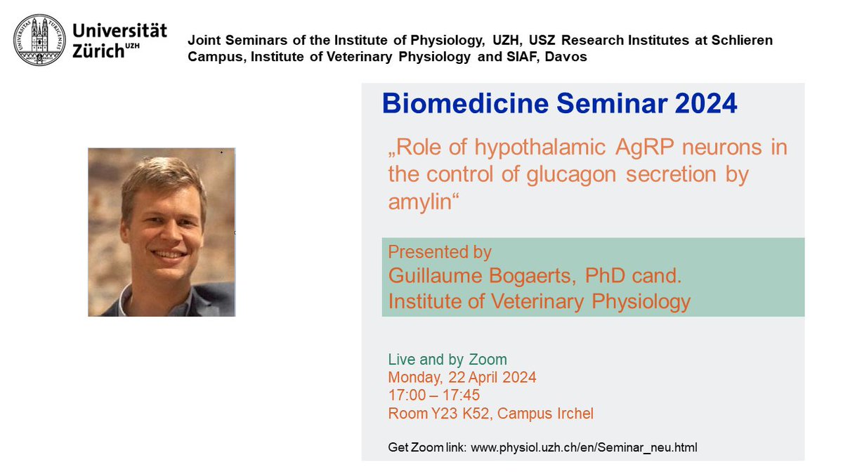 On 22 April, we welcome Guillaume Bogaerts from the Institute of Veterinary Physiology in the Biomedicine Seminar Series at @uzh_en.

This joint seminar is hosted by @mikadolab and open to all!

Zoom link: uzh.zoom.us/j/65110053450?…