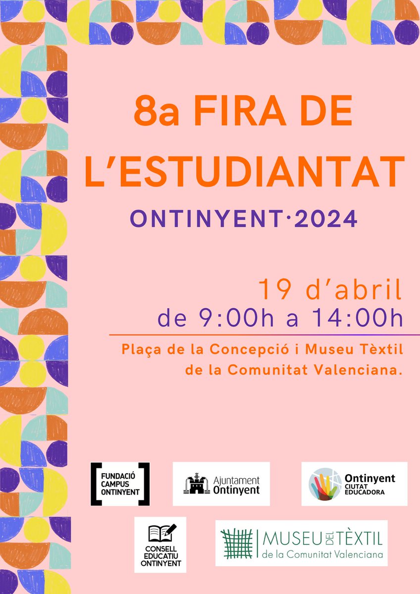 8a Fira de l'Estudiantat. #FiraEstudiantat 19 d'abril de 2024 Plaça de la Concepció i Museu Tèxtil Comunitat Valenciana #FiraEstudiantat @FdEconomiaUV @FacMagisteri @fip_uv @pgs_uv @UV_EG @UVsocietat @LaNauuv @sediUV @ajOntinyent @caixa_ontinyent @IEVallAlbaida @fundaciocao