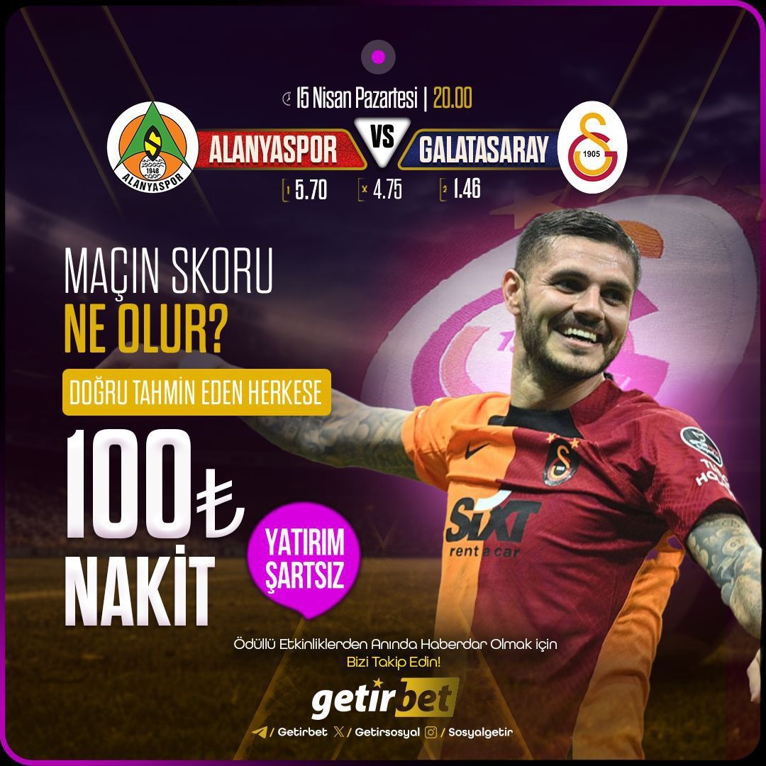 📢 Alanyaspor - Galatasaray Maçının Skoru Ne Olur ❓ ✅ YATIRIM ŞARTSIZ ❗ 🚀 100₺ ödülü kazan ❗️❗️❗️ ➡ @getirbet Telegram Kanalını Takip Et, Formu Doldur, Tahminini Yap, Ödülü Kap ! 🎁 #getirbet #etkinlik TAHMİN 👇 👇 👇 👇 👇 buff.ly/481nueM