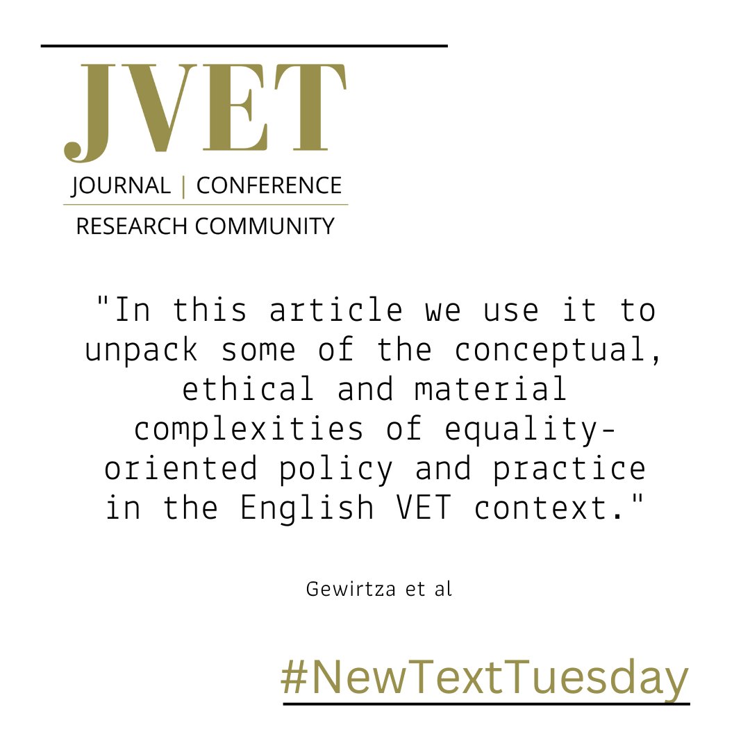 This week we are sharing ‘Creating more equitable school-to-work transitions for young people not taking the university route: an ‘equalities-ecologies’ framework” by Gewirtza et al.

tandfonline.com/doi/full/10.10…

#NewTextTuesdays