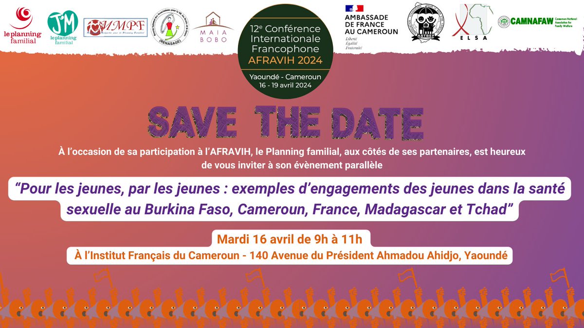 Rejoignez nous à notre événement organisé en parallèle de @AFRAVIH sur l'engagement des jeunes pour la santé sexuelle et reproductifs et découvrez les bonnes pratiques du Burkina Faso, Cameroun, France, Madagascar et Tchad ! #AFRAVIH @FRauCameroun @CAMNAFAW_IPPF @PlateformeELSA