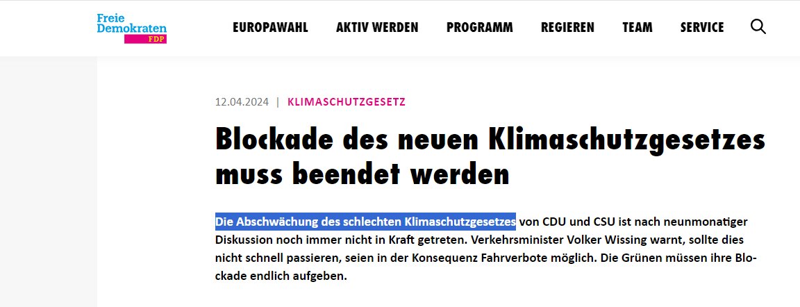 "Die Abschwächung des Klimaschutzgesetzes ist noch nicht in Kraft getreten."

Natürlich nicht überraschend, aber irgendwie auch bezeichnend, dass die FDP keinen Hehl daraus macht, worum es ihnen bei ihrer Kampagne eigentlich geht