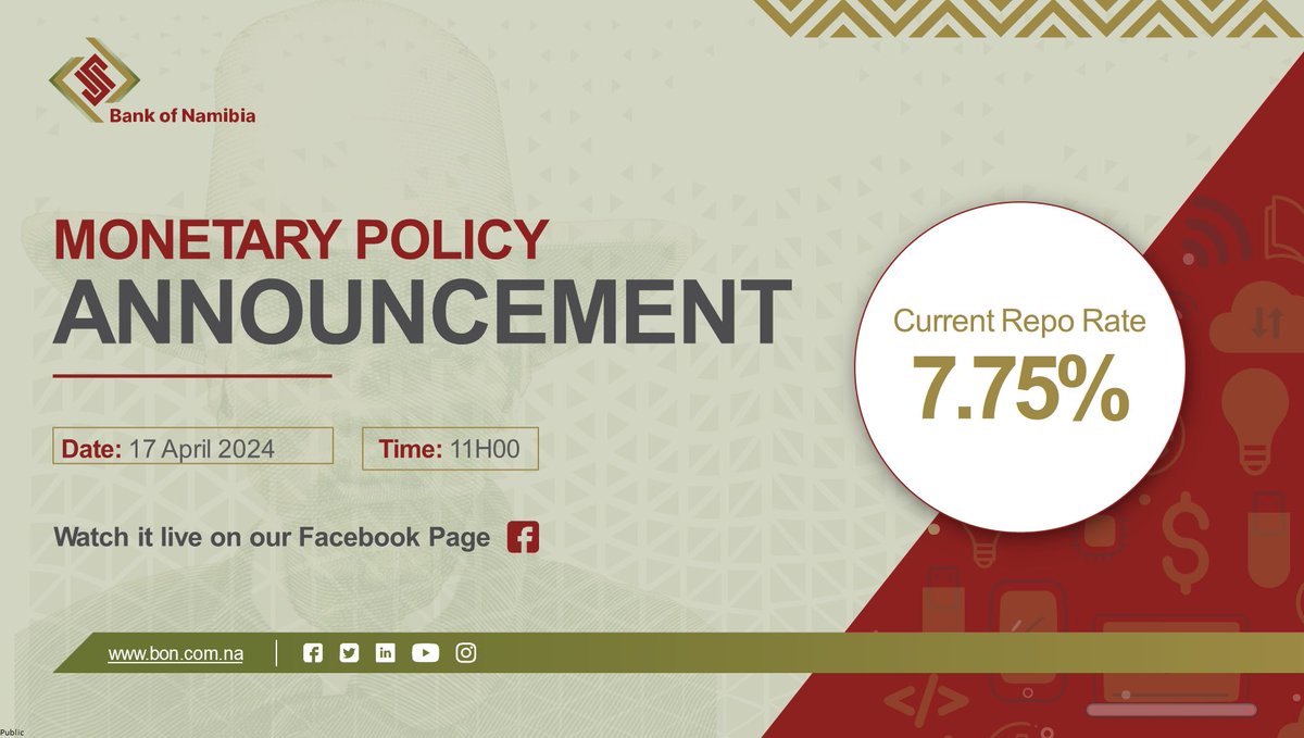 MPA| April 2024 The Monetary Policy Committee (MPC) will announce the monetary policy decision on Wednesday, 17 April 2024 at the Bank of Namibia. Current Repo rate: 7.75% #BankofNamibia #MPA2023 #BONMPA2024