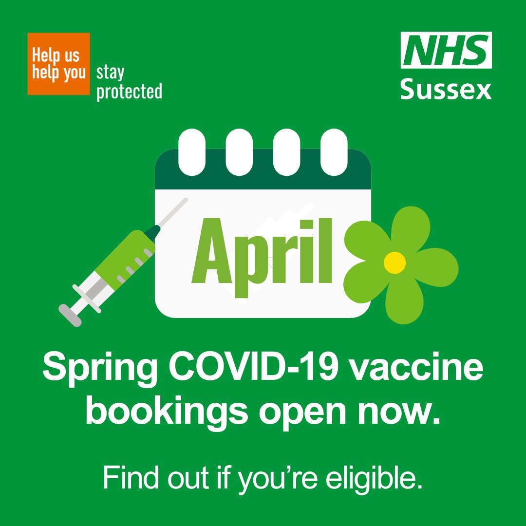 Spring into action and book your next COVID-19 vaccine if you are eligible. Use the NHS App or go online to nhs.uk/book-vaccine Appointments will start from 22 April. You don't need to wait to be invited.