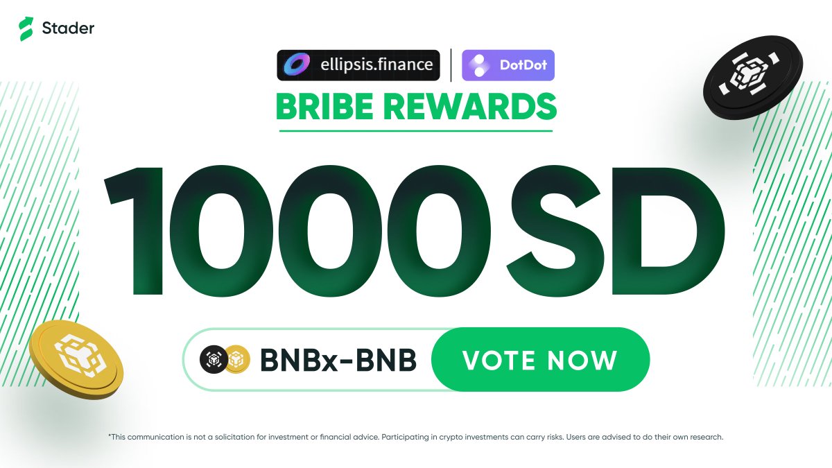 Rewards never stop flowing with $BNBx 👑 Stader's mega 1000 SD bribe pool is live on @Ellipsisfi (@DotDotDotFi). Unlock your share by voting for the BNBx-BNB LP before end of epoch. Vote Now 👇 @Ellipsisfi : bit.ly/3JoguOo @DotDotDotFi : bit.ly/3PYUoWH