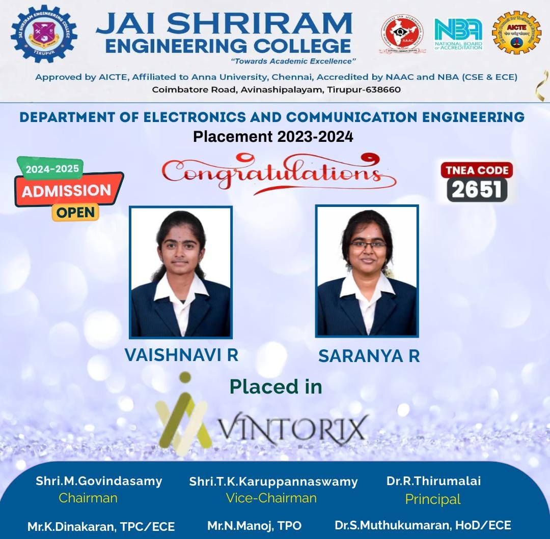 JSREC09's tweet image. Congratulations to Vaishnavi.R &amp;amp; Saranya.R from the Department of Electronics and Communication Engineering at Jai Shriram Engineering College for securing placements at Vintorix.Best 

#congratulations #jaishriramengineeringcollege #JSREC #college #annauniversity