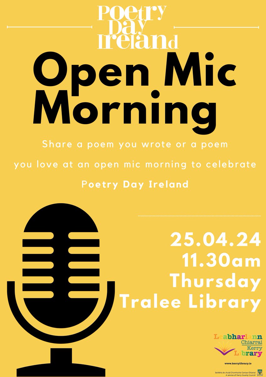 Open Mic for Poetry Day Ireland in Tralee Library - love the poster! @poetryireland @KerryCoArts @NascProductions