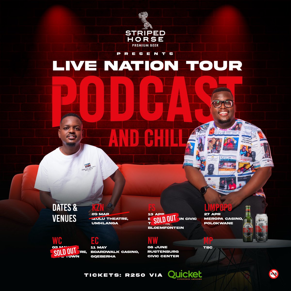 Hee Ndaa ‼️ We are on the ROAD ✈️ Don’t miss out on the opportunity of getting the #podcastandchill experience🚀 as we make our way to your HOMETOWN ✈️ Secure your spot by going to Quicket or click the link below 🎫 quicket.co.za/organisers/645… Note: All members and Patreons can