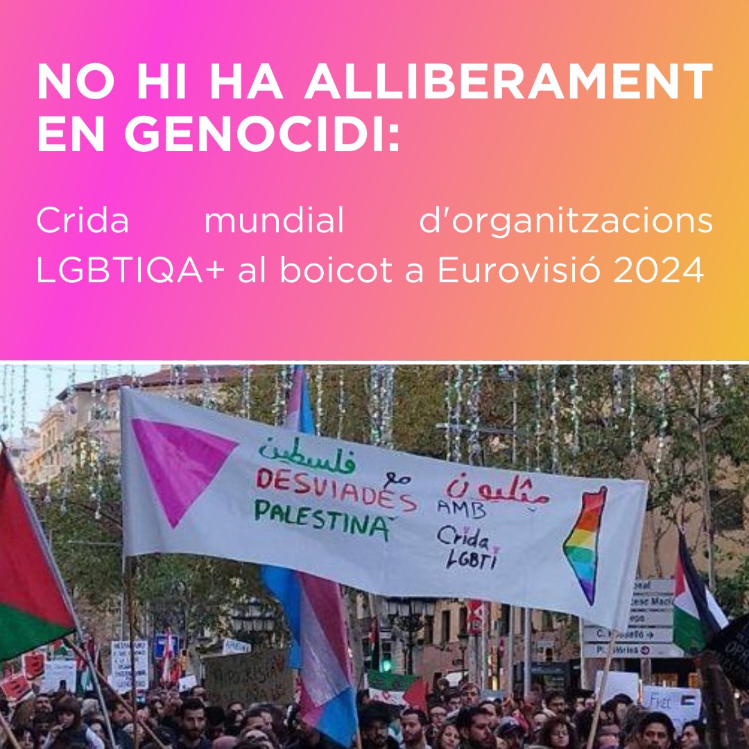 ❌ NO hi ha ALLIBERAMENT en GENOCIDI ❌ Publiquem en català el manifest de la #QueerCoalitionforPalestine, una plataforma d'organitzacions i col·lectius LGBTI de tot el món en solidaritat amb Palestina! Contra el #pinkwashing i l'#homonacionalisme: #BoicotEurovisió 🧵 FIL!