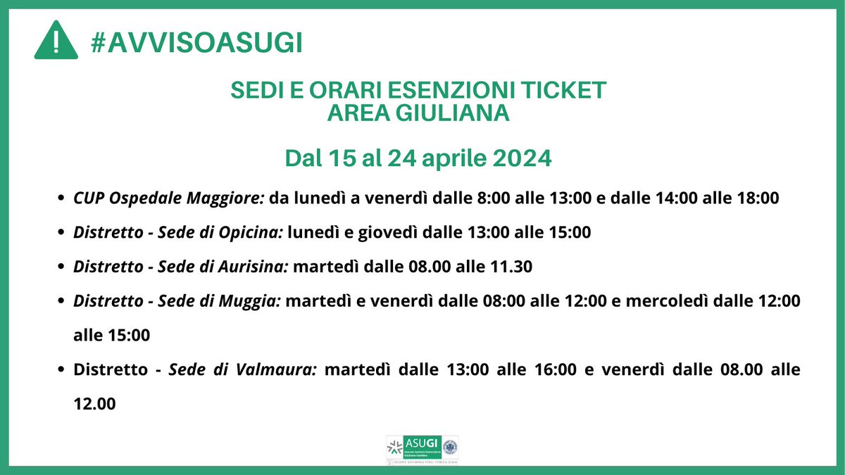 #AVVISOASUGI ⚠️ Nuovi orari Esenzioni ticket per status e reddito in vigore da oggi 👉tinyurl.com/3wxbkwpx