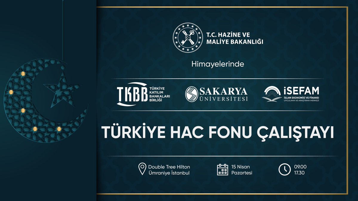 TkbbOrgTr's tweet photo. Hazine ve Maliye Bakanlığı (@HMBakanligi) himayelerinde Diyanet İşleri Başkanlığı (@diyanetbasin), Diyanet İşleri Yüksek Kurulu Başkanlığı, TKBB ve Sakarya Üniversitesi (@sakaryauni) İSEFAM (@isefam_sau) iş birliğinde akademisyen ve uzman sektör temsilcilerinin bir araya geldiği Türkiye Hac Fonu Çalıştayı başladı.

Hazine ve Maliye Bakanlığı Bakan Yardımcısı Osman Çelik, Diyanet İşleri Başkan Yardımcısı Doç. Dr. Selim Argun, TKBB Genel Sekreteri İsmail Vural, Sakarya Üniversitesi İSEFAM Müdürü Doç. Dr. Hakan Aslan açılış konuşmalarıyla başlayan çalıştayda, Türkiye’de kurulması muhtemel Türkiye Hac Fonu’na yönelik özel sektör, kamu ve akademinin bir araya gelerek kapsamlı bir müzakere gerçekleştirilmesi amaçlanmaktadır. Çalıştay kapsamında Türkiye Hac Fonu’na yönelik politika önerilerinin geliştirilmesi, risklerin ele alınması ve farklı paydaşların beklentilerinin görüşülmesi gibi hususlarda akademik ve pratik katkılar sağlaması beklenmektedir.

#TürkiyeKatılımBankalarıBirliği #TürkiyeHacFonuÇalıştayı