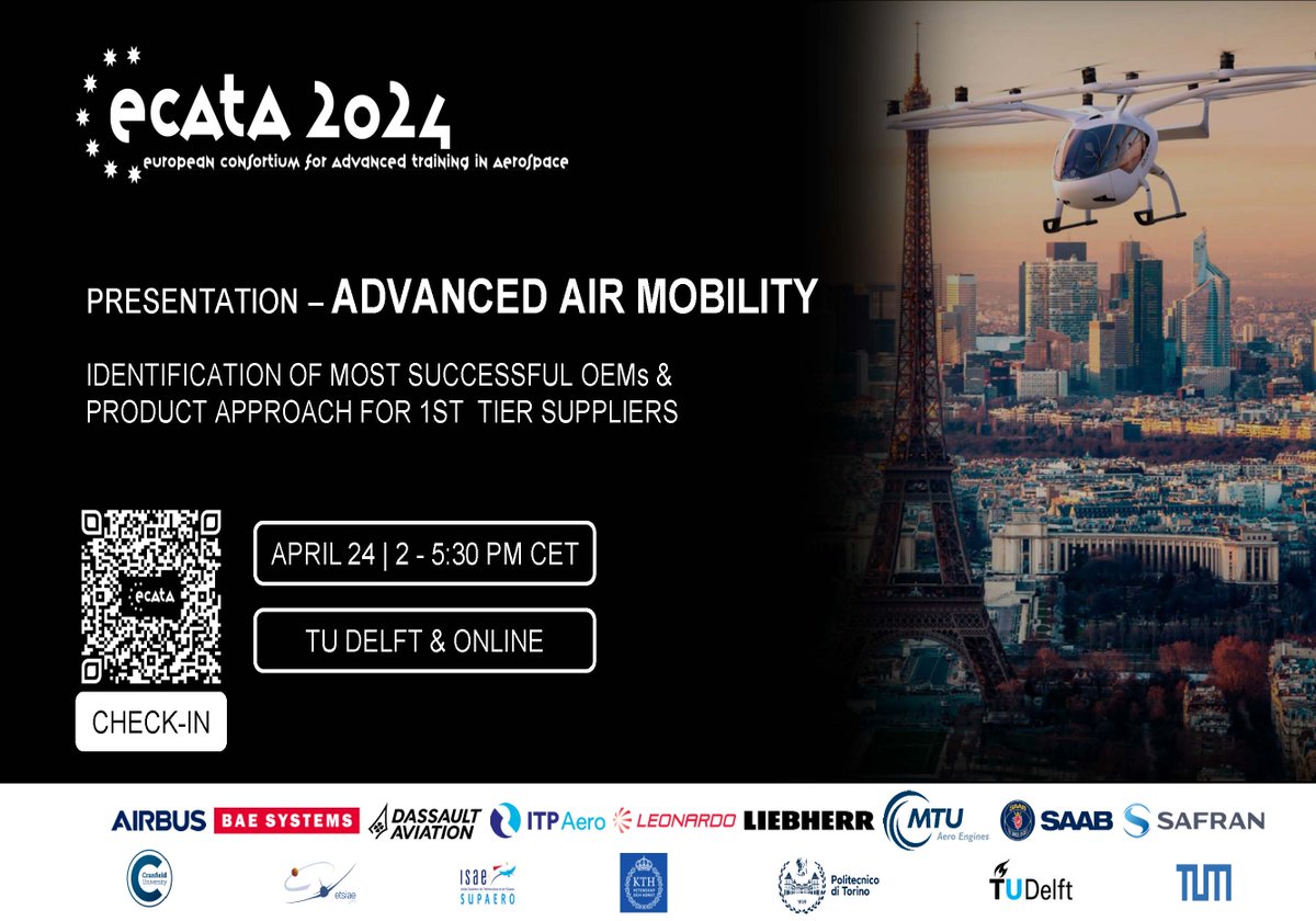 aeroespacialUPM's tweet photo. El 24/04 los ingenieros participantes en el curso ABI 2024 de #ECATA, que pasaron por la #ETSIAE hace unos meses, realizarán su presentación  final ante el comité en @tudelft.
Se podrá asistir presencialmente o seguirse online.
Es necesario registrarse:
https://t.co/VFT1sp4YOg https://t.co/11hOEzdNnB