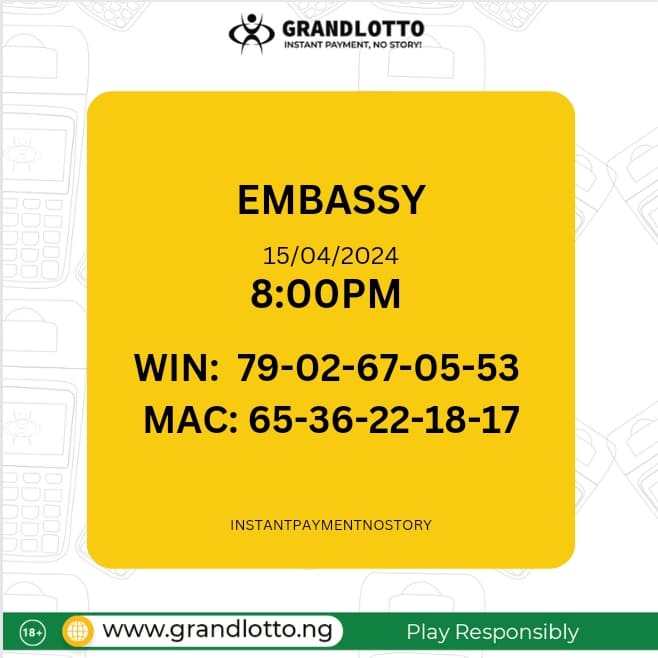 EMBASSY RESULT

grandlotto.ng

#Instantpayment #nostory #Grandlotto #lotto #Lottonigeria #indoorgames #playandwin #playanywhere #winningsanywhere #cashout #chooseyellowterminal